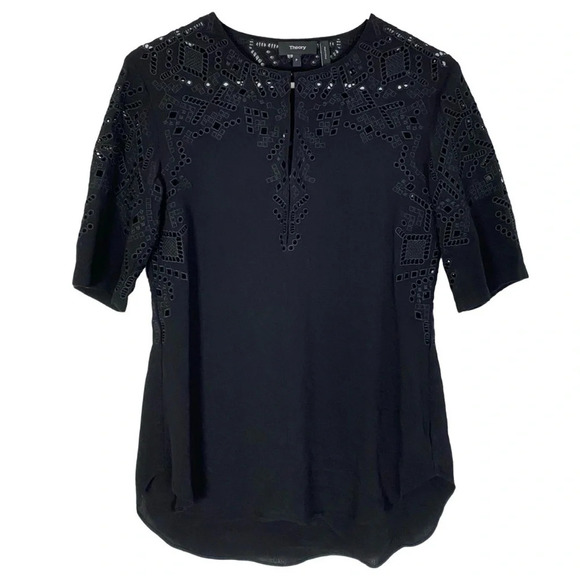 Theory Eyelet Top Blouse Womens Small Black Embroidered Shirt Tunic Short Sleeve - Picture 1 of 13